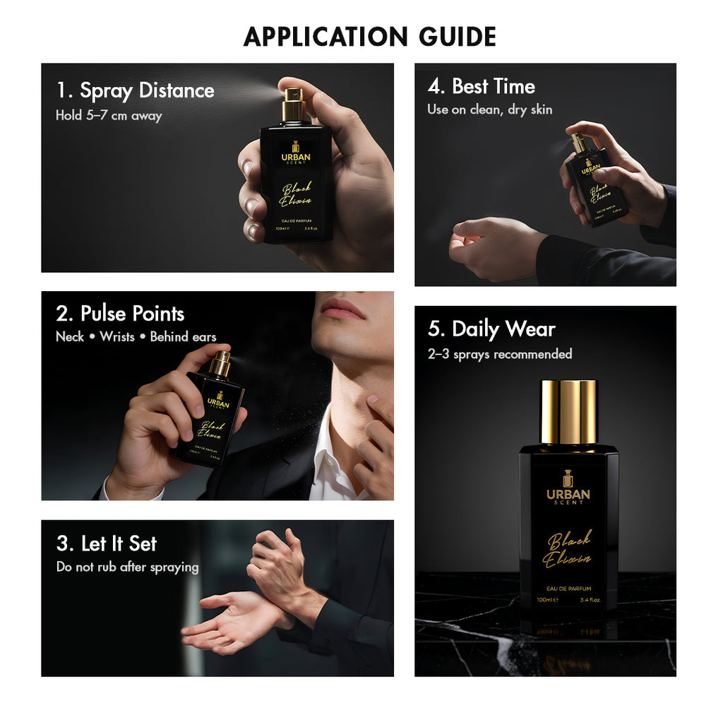 Application guide for Black Elixir Eau De Parfum, featuring tips on how to apply the fragrance correctly.