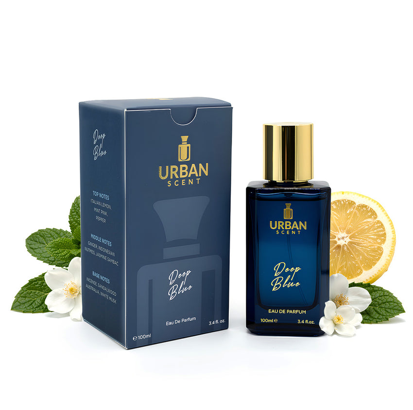 Urban Scent Deep Blue Eau de Parfum unisex fragrance with packaging and bottle, 100ml