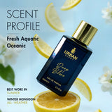 Urban Scent Deep Blue Eau de Parfum unisex bottle with lemons and floral backdrop, fresh aquatic scent profile.