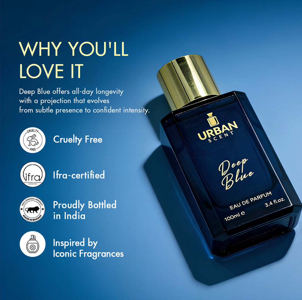 Urban Scent Deep Blue Eau de Parfum 100ml offers longevity and projection, cruelty-free, Ifra-certified, bottled in India.