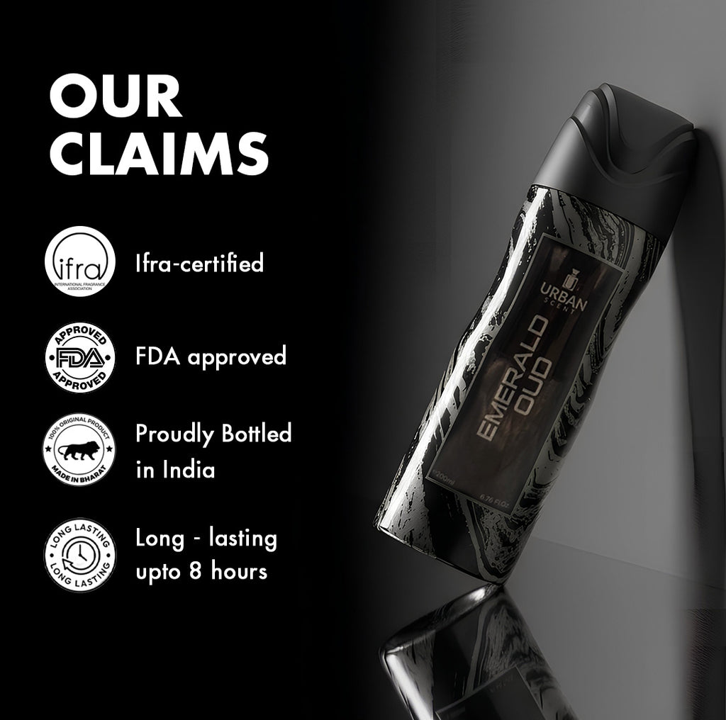 Urban Scent Emerald Oud perfume bottle showcasing IFRA certification, FDA approval, and long-lasting fragrance claims.