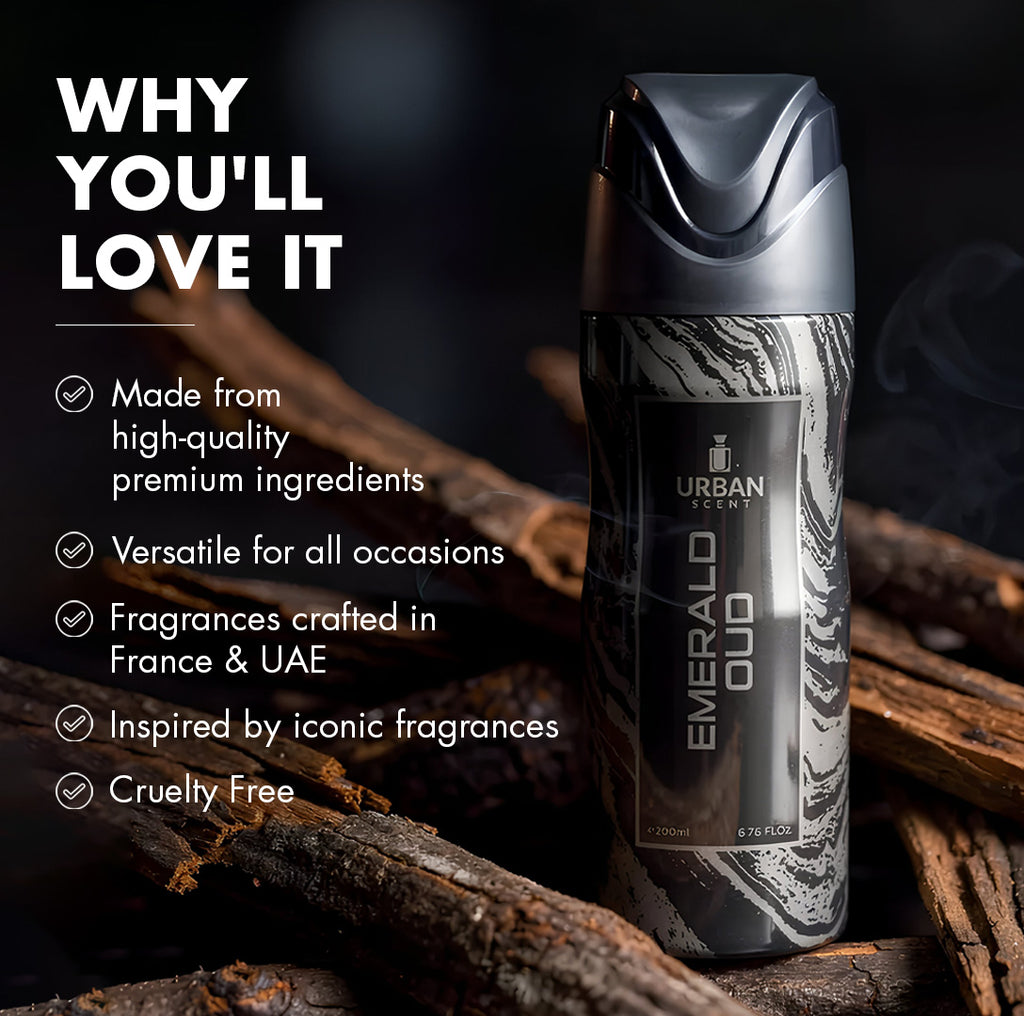 Urban Scent Emerald Oud perfume showcasing premium ingredients and versatile use on a wooden background.
