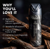 Urban Scent Emerald Oud perfume showcasing premium ingredients and versatile use on a wooden background.