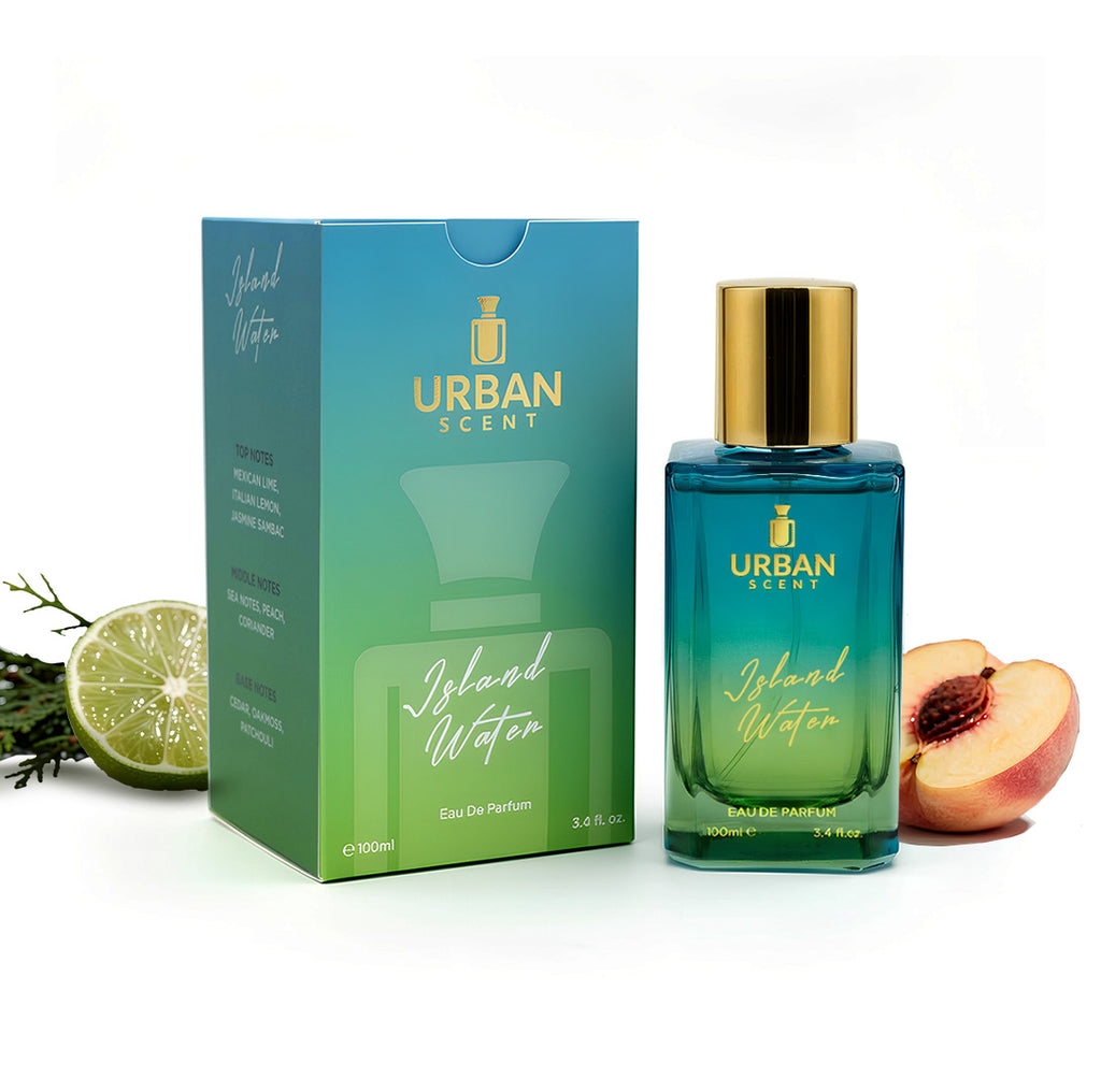 Urban Scent Island Water Unisex Eau de Parfum 100ml bottle and box with citrus and peach accents.