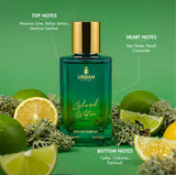 Urban Scent Island Water Unisex Eau de Parfum bottle with fragrance notes and lime slices.