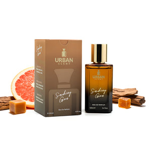 Smoking Gun Eau De Parfum by Urban Scent, 100ml bottle with packaging, featuring citrus and wood notes.