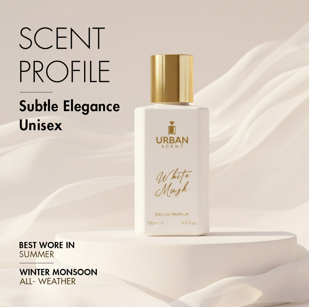 White Musk Eau De Parfum bottle from Urban Scent, showcasing subtle elegance in a unisex fragrance for all occasions.