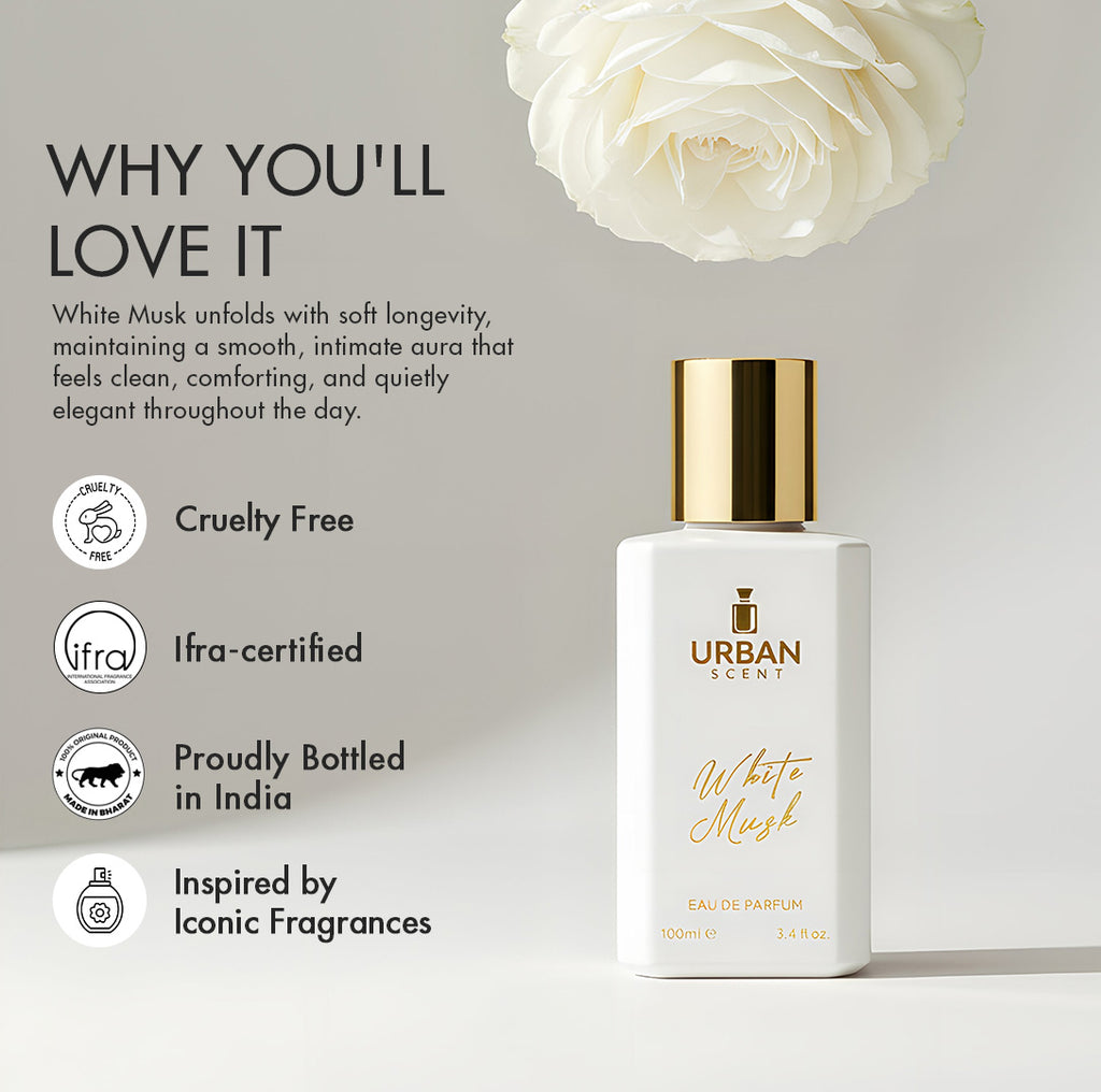Urban Scent White Musk Eau De Parfum showcases its cruelty-free formula and elegance, highlighting soft longevity and comfort.