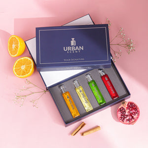 Luxury Perfume Gift Set For Women displayed in a box with colorful fragrance vials and fresh fruits.