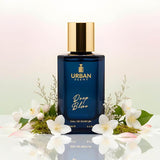 Urban Scent Deep Blue Eau de Parfum in 100ml with floral background, capturing freshness and sophistication.