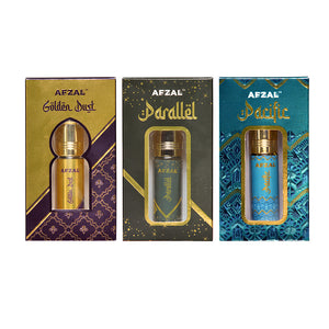 Golden Dust Parallel and Pacific Roll On Attar Combo for men and women - 6ML by Afzal in elegant packaging.