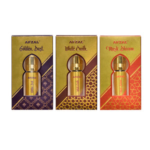 Afzal Golden Dust White Oudh and Musk Dhiram Roll On Attar Combo - 6ML set of 3 in elegant packaging