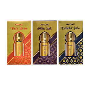 Musk Dhiram Golden Dust and Mukhallat Badar Roll on Attar Combo - 6ML set of 3 attar bottles