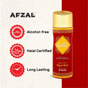Afzal Non Alcoholic Abiyad Musk Deodorant Body Spray for Men and Women – 200ml, long-lasting and halal certified.
