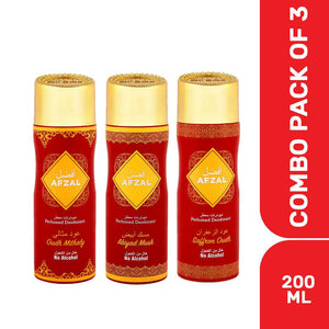 AFZAL Non Alcoholic Deodorants Combo Pack of 3 featuring Saffron Oudh, Abiyad Musk, and Oudh Mithaly 200ml