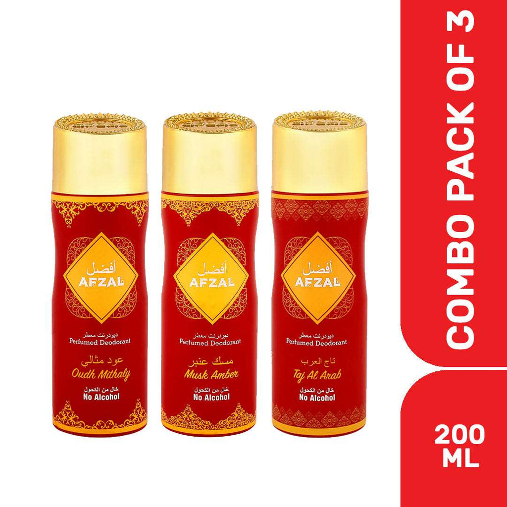 AFZAL Non Alcoholic Oudh Misali, Taj Al Arab, Musk Amber Deodorant 200ml (Pack of 3)