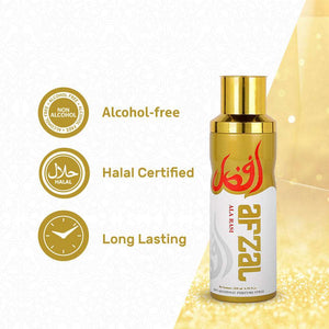 Afzal Non Alcoholic Ala Rasi Deodorant body spray featuring alcohol-free, halal certified, and long-lasting benefits.