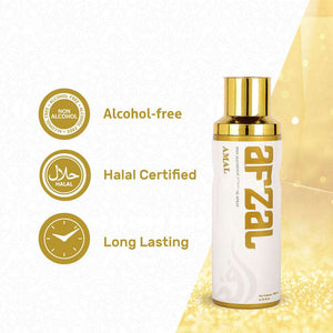 Afzal Non Alcoholic Amal Deodorant body spray for men and women - 200 ml with long lasting fragrance.