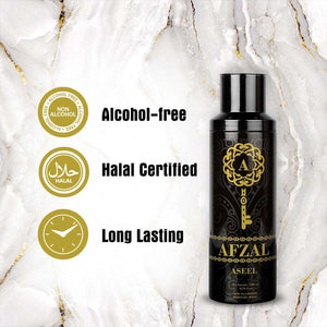 Aseel Deodorant body spray by Afzal, alcohol-free, halal certified, and long lasting, on a stylish marble background.