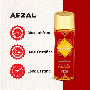 Afzal Non Alcoholic Golden Dust Deodorant with Halal certification and long-lasting fragrance.