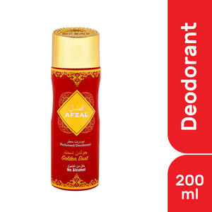 Afzal Non Alcoholic Golden Dust Deodorant body spray for men and women, 200ml packaging.