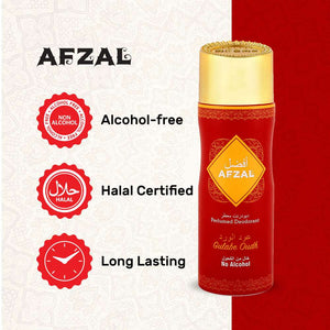 Afzal Non Alcoholic Gulabe Oudh Deodorant Body Spray showcasing alcohol-free, halal certified features and long-lasting fragrance.