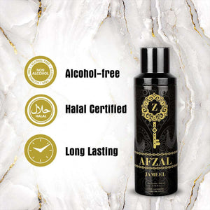 Afzal Non Alcoholic Jameel Deodorant Body Spray packaging showcasing alcohol-free, halal certified, and long-lasting features.