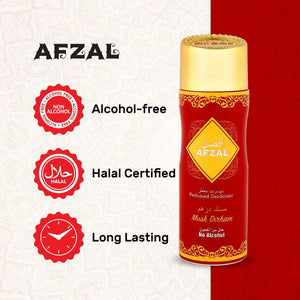 Afzal Musk Dirham Deodorant 200ml, alcohol-free spray for men and women, long-lasting fragrance.