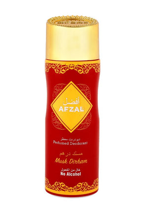 Afzal Musk Dirham Deodorant, alcohol-free, 200ml, unisex scent in red and gold packaging.