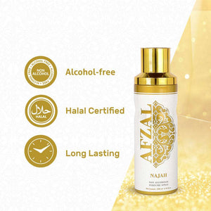 Afzal Najah Deodorant Body Spray, non-alcoholic, halal certified, long lasting fragrance for men and women.