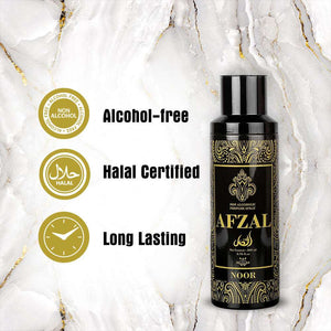 Afzal Non Alcoholic Noor Deodorant body spray, alcohol-free, halal certified, long lasting freshness for men and women.