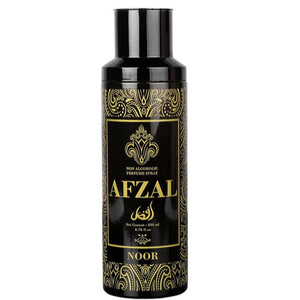Afzal Non Alcoholic Noor Deodorant Body Spray for Men and Women, 200ml, with earthy and floral notes.