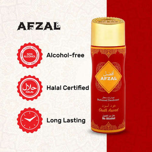 Afzal Non Alcoholic Oudh Aswad Deodorant Body Spray, alcohol-free, halal certified, long lasting fragrance.