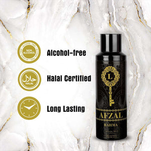 Afzal Non Alcoholic Rahma Deodorant Body Spray, alcohol-free, halal certified, long-lasting fragrance for men and women.