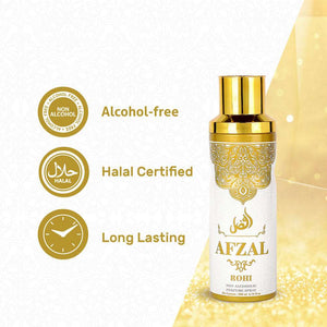Rohi Deodorant by Afzal, alcohol-free body spray, halal certified, long-lasting fragrance for men and women.