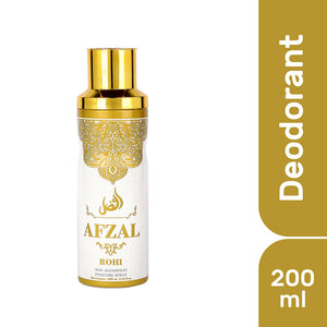 Afzal Non-Alcoholic Rohi Deodorant Body Spray for men and women, 200 ml bottle with floral fragrance.
