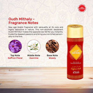 Oudh Mithaly Non Alcoholic Deodorants Combo Pack of 3 by AFZAL showcasing fragrance notes and packaging.