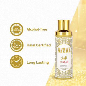 Afzal Non Alcoholic Sharar Deodorant Spray for men and women, alcohol-free, halal certified, long-lasting fragrance.