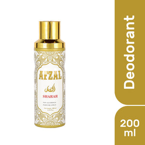 Afzal Non Alcoholic Sharar Deodorant Spray for Men and Women - 200 ml bottle with golden cap.